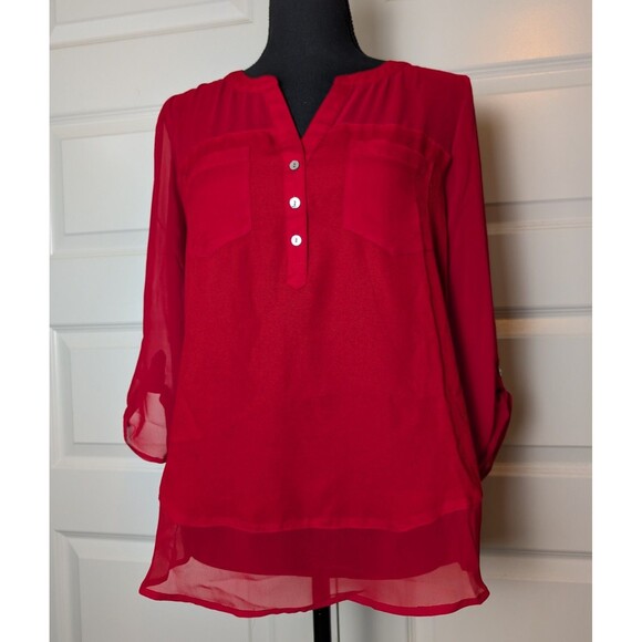 Express Red Blouse Size S Panels Roll up Sleeve Pockets Chic Colorful Career - Picture 2 of 7